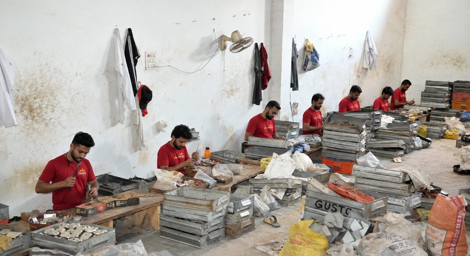 Workers in Gusto Locks uniform setting lever packs at the assembly benches